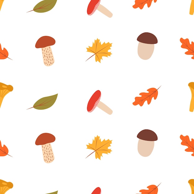 Seamless pattern doodle set of tree leaves and mushrooms autumn concept vector illustration