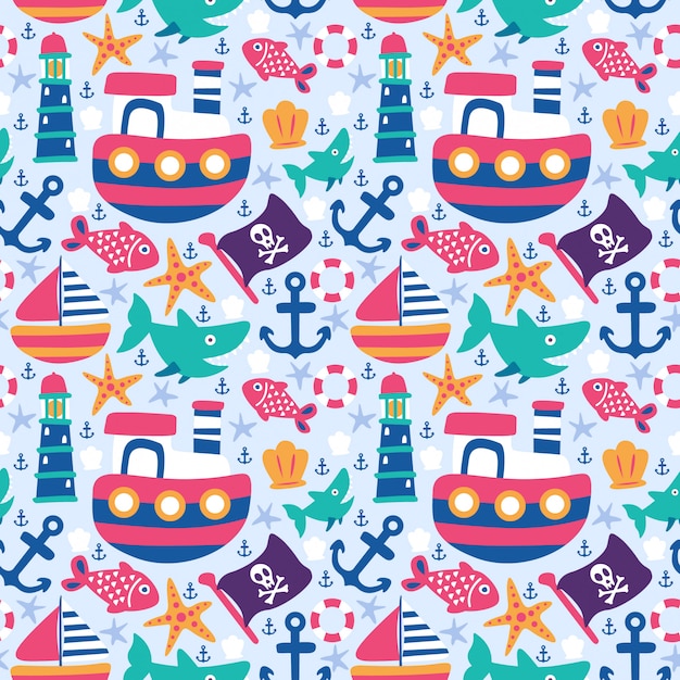 Seamless pattern doodle ship anchor lighthouse shark fish flag fish