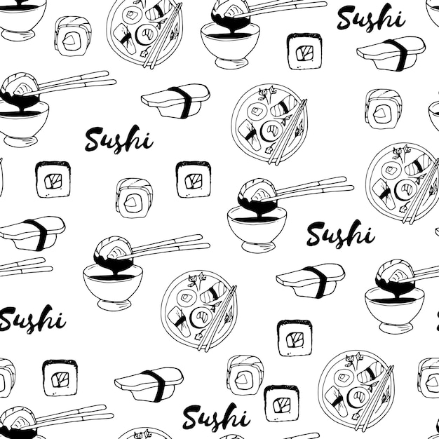 Modello senza cuciture doodle sfondo in stile sushi per l'arredamento del ristorante di cucina asiatica