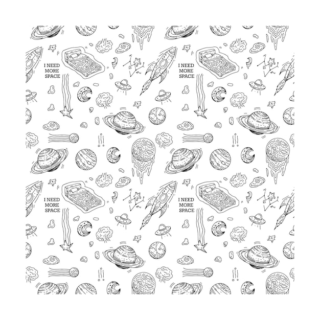 seamless pattern doodle ufo and planet line art doodle black white