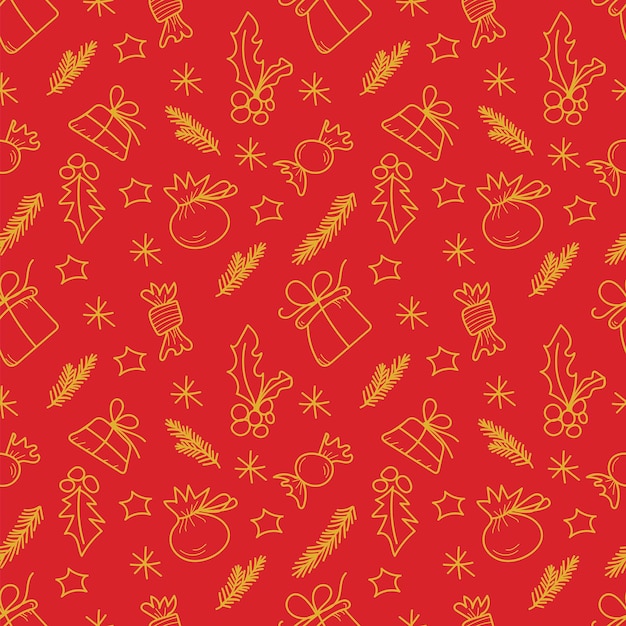 Vettore vettore di doodle senza cuciture con alberi di natale, rami, regali e dolci su uno sfondo rosso