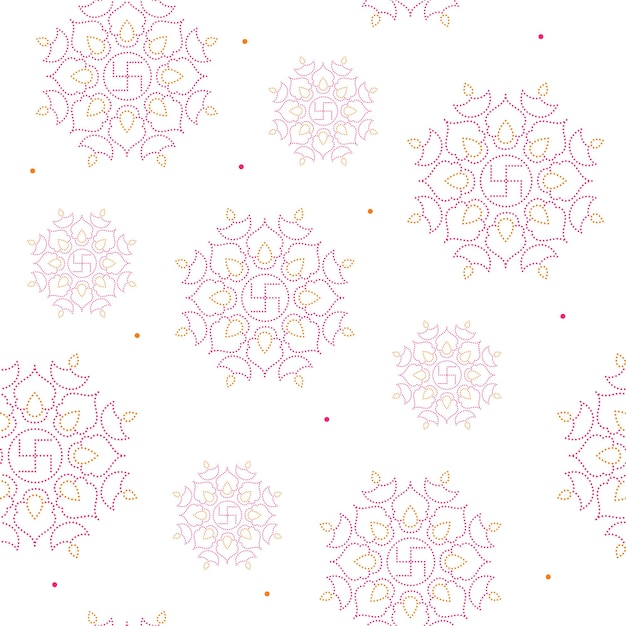 Seamless Pattern Of Dotted Swastika Rangoli Or Mandala With Lit Oil Lamps Diya On White Background