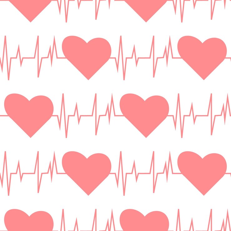 Vector seamless pattern double pink hearts with cardiogram decor for valentines day