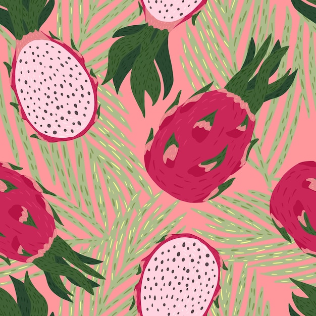 Seamless pattern dragon fruit on pink background