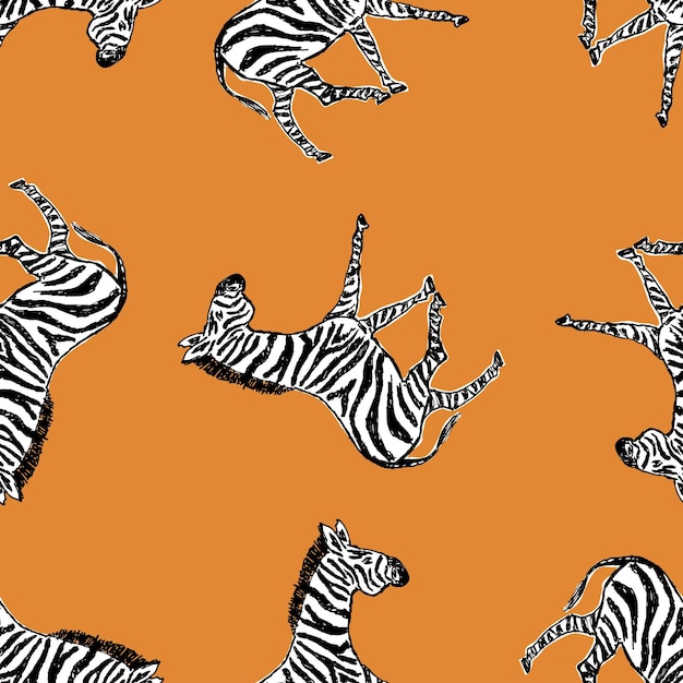 Seamless pattern of drawn cartoon walking zebras