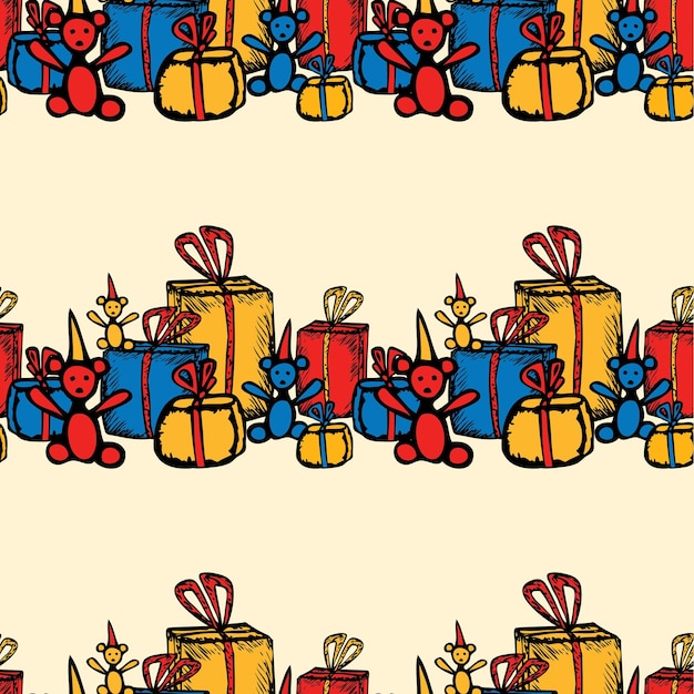 Seamless pattern of drawn colorful gift boxes amd teddy bears