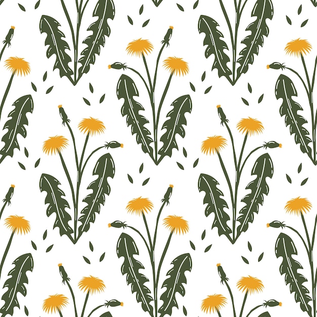 Vector seamless pattern drawn colorful yellow dandelions with green leaves on a white background