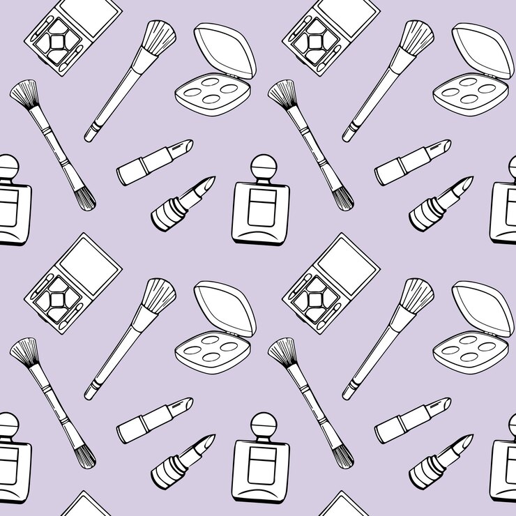 Vector seamless pattern, drawn contour items cosmetics on a light background. makeup background, textile