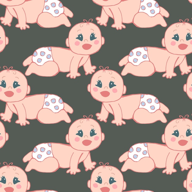 Seamless pattern of drawn cute babies in diapers