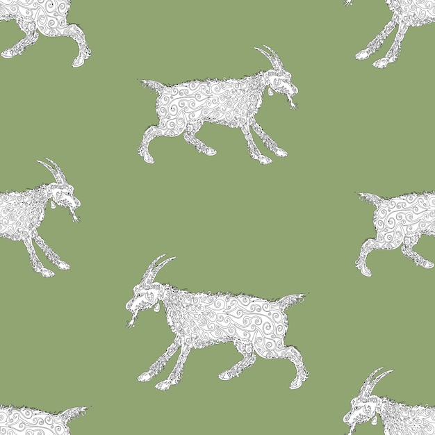 Seamless pattern of drawn ornamental goat