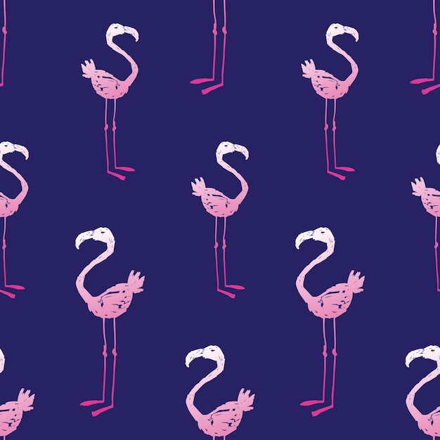 Seamless pattern of drawn pink flamingos