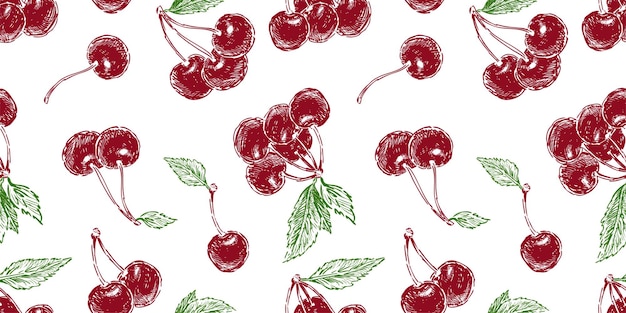 Seamless pattern of drawn ripe red cherries berries with green leaves vector background for papertextile wallpaper