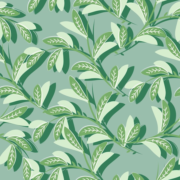 緑の背景にパステル調の色合いの葉を持つシームレスなパターンで描かれた小枝