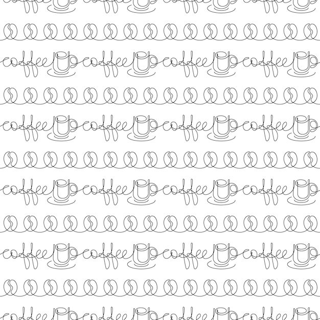 Seamless pattern drawn with a continuous line One line the coffee coffee cup and coffee beans Vector illustration