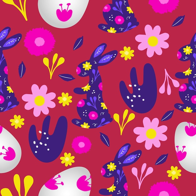 Seamless pattern easter banner with bunny egg and flowers Cute hand drawn Easter doodle background