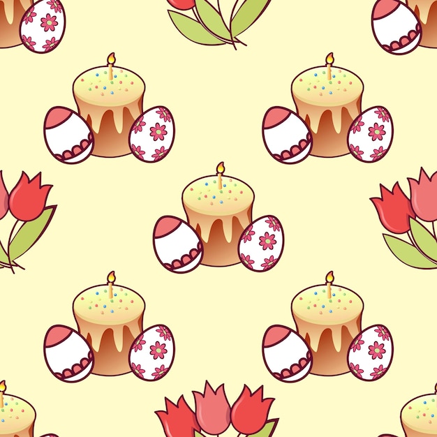 Seamless pattern Easter cake eggs with an ornament and a bouquet of tulips