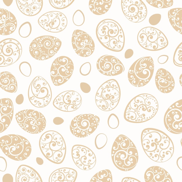 Vector seamless pattern of easter eggs with ornaments of curls beige on white background