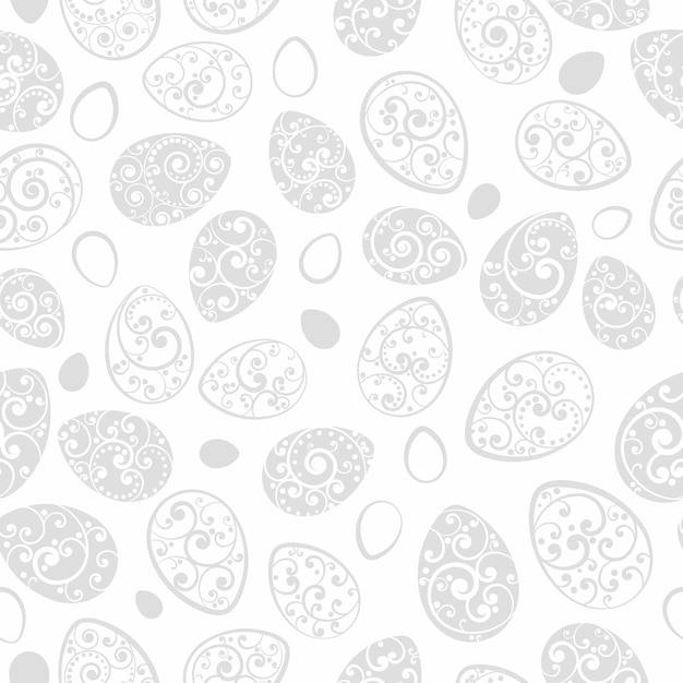 Seamless pattern of Easter eggs with ornaments of curls gray on white background