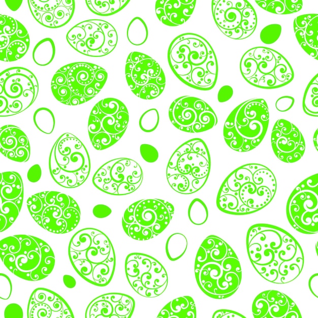 Seamless pattern of Easter eggs with ornaments of curls green on white background