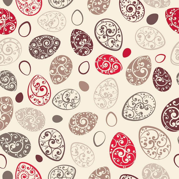 Seamless pattern of easter eggs with ornaments of curls, multicolored on white background