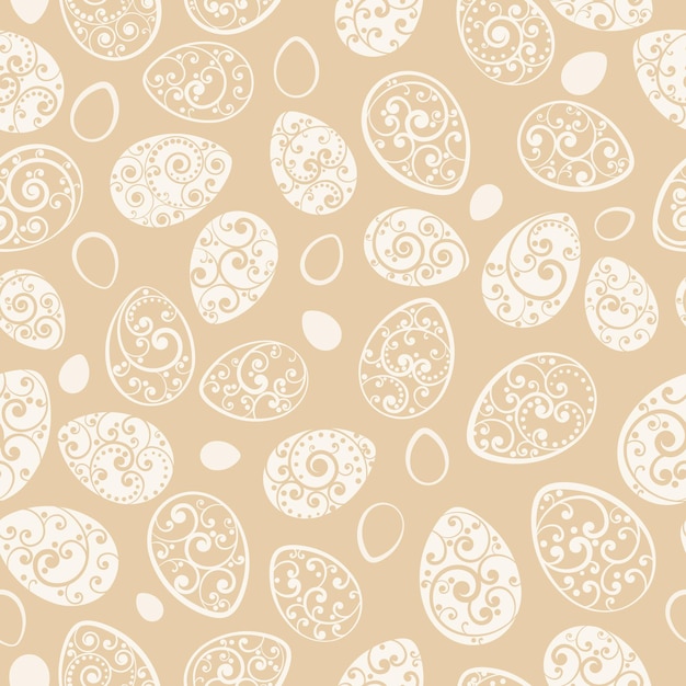 Seamless pattern of Easter eggs with ornaments of curls white on beige background