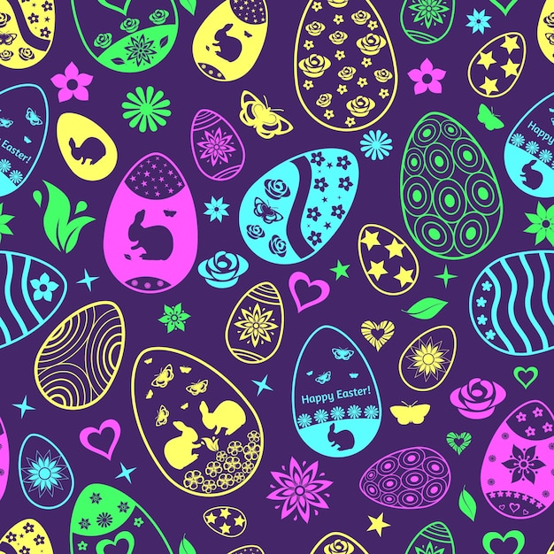 Бесшовный рисунок пасхальных яиц с разноцветными орнаментами на черном