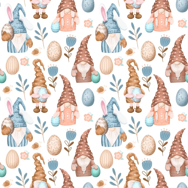 Seamless pattern of Easter gnomes and flowers