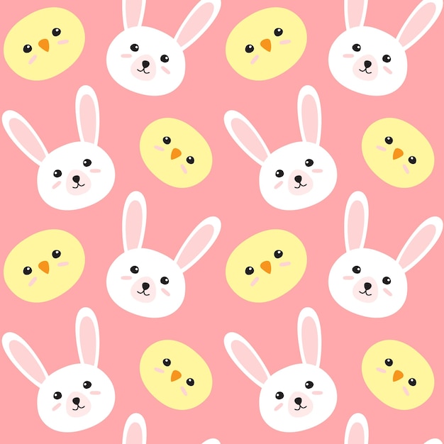 Seamless pattern of easter hand drawn chick and rabbit faces