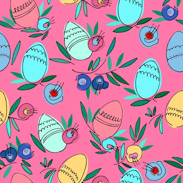 Vector seamless pattern on easter theme with colored eggs flowers leaves on heaven turquoise background