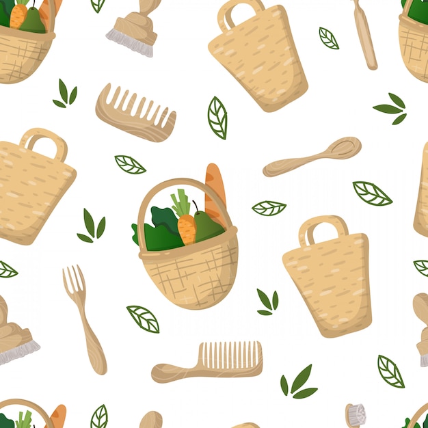 Vector seamless pattern - eco bamboo bag, food basket