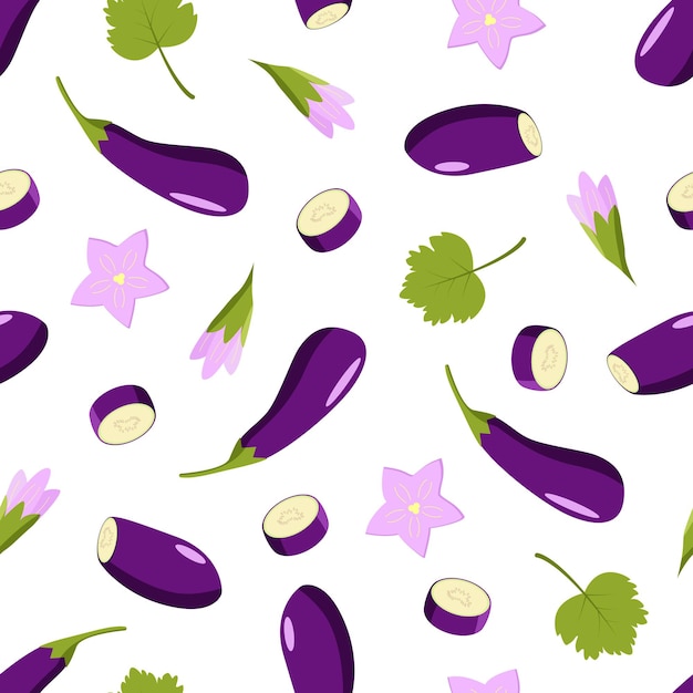 Seamless pattern Eggplant whole and cut, eggplant flowers and leaf. Vector illustration of vegetables, a set of harvest.