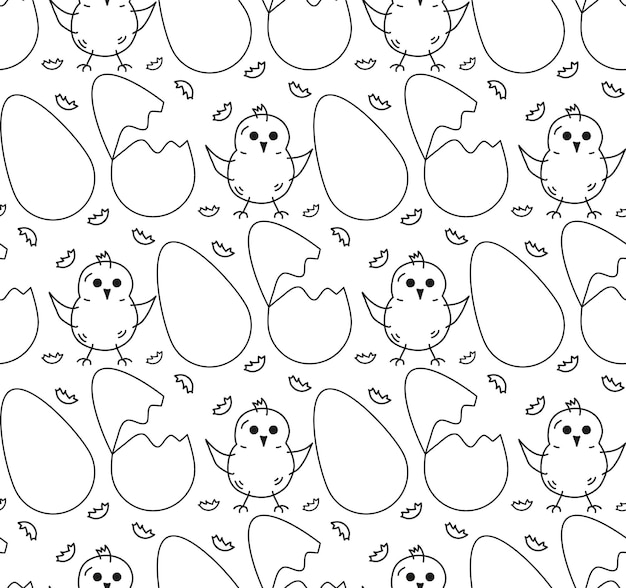 Seamless pattern eggs egg shell and chiks character Doodle Black and white vector illustration