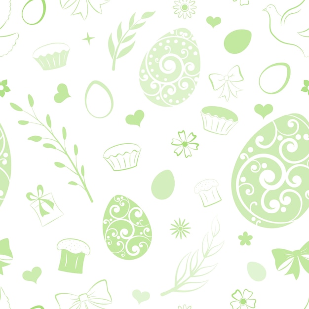 Vector seamless pattern of eggs flowers cake gift box and other easter symbols light green on white