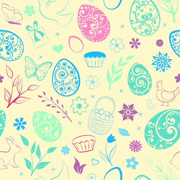 Seamless pattern of eggs flowers cakes hen chicken and other Easter symbols multicolored on beige