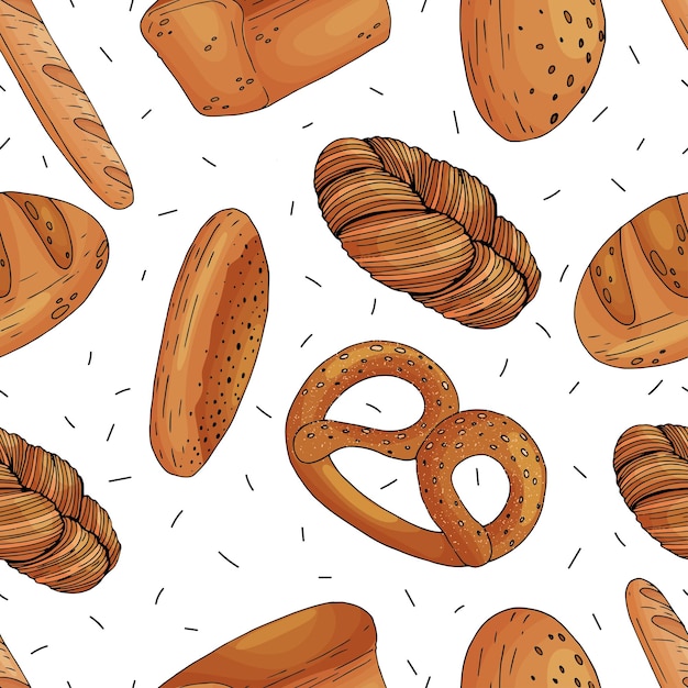 Seamless pattern of elements with hand drawn bakery products on a white background