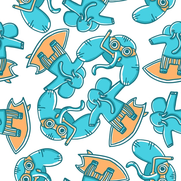 Seamless pattern of elephants in water in cartoon flat style