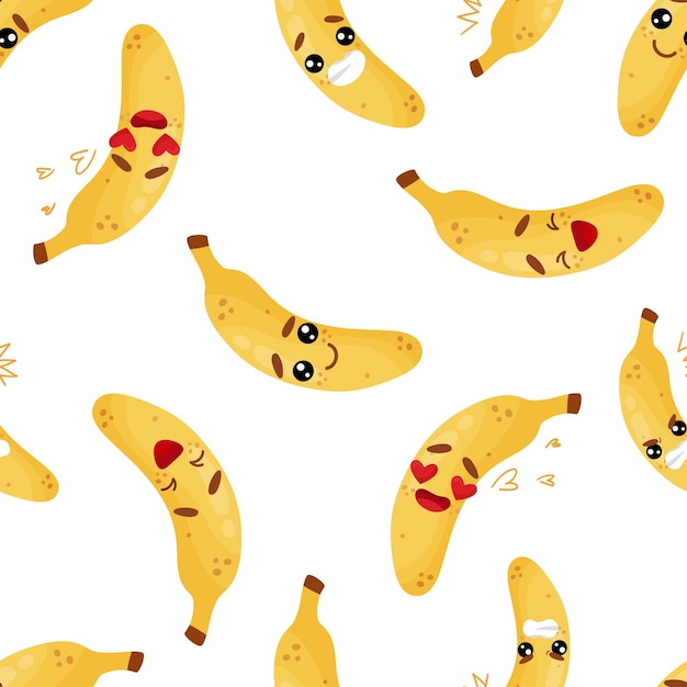 Seamless pattern emoji banana with different emotions smile laugh anger cry love