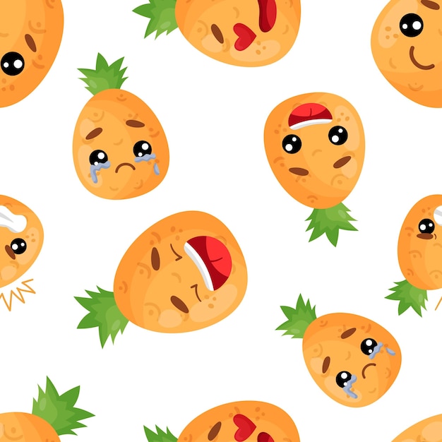 Seamless pattern emoji pineapple with different emotions smile laugh anger cry love