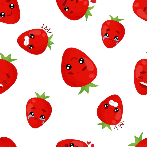 Seamless pattern emoji strawberry with different emotions smile\
laugh anger cry love