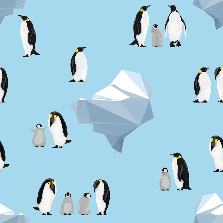 Vector seamless pattern. emperor penguins on a blue background. icebergs
