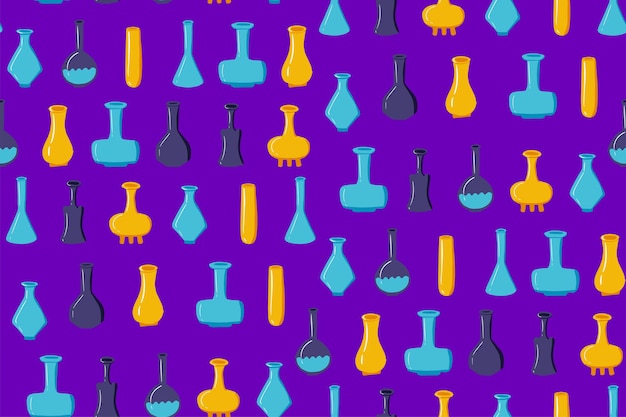 Seamless pattern of empty magic flasks of various shapes