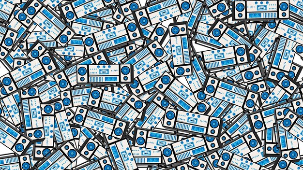 Seamless pattern endless with music audio cassette old retro tape recorders vintage hipster