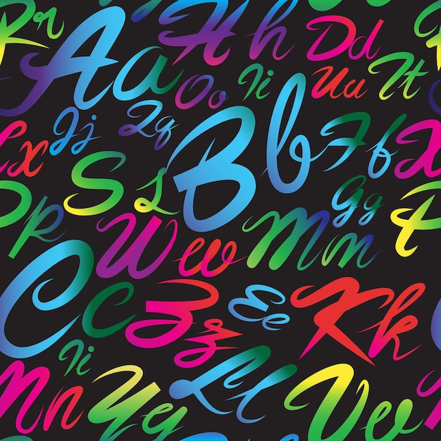 Seamless pattern of english alphabet letters. colorful gradient on a black background
