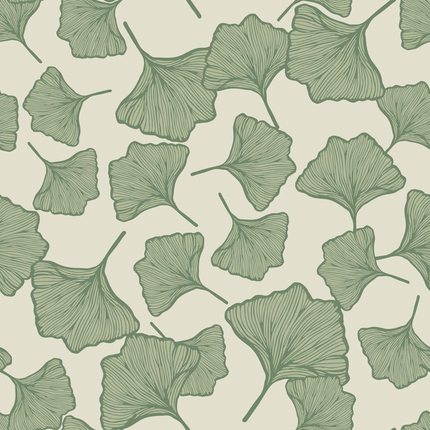 Seamless pattern engraved leaves Ginkgo Biloba Vintage background botanical with foliage in hand drawn style