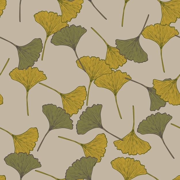 Vector seamless pattern engraved leaves ginkgo biloba vintage background botanical with foliage in hand drawn style
