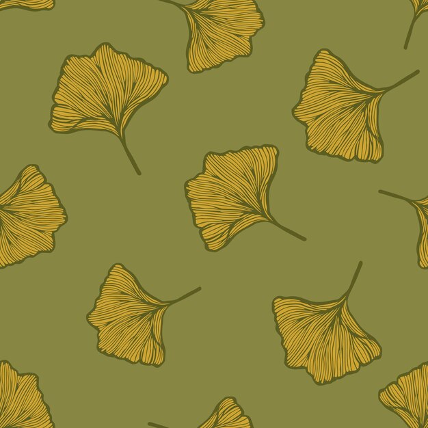Seamless pattern engraved leaves Ginkgo Biloba Vintage background botanical with foliage in hand drawn style