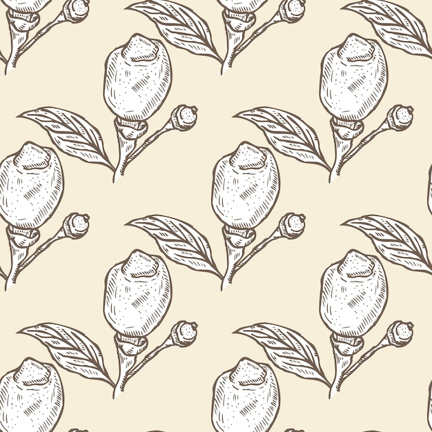 Seamless pattern engraved lemon on branch with leaves Vintage background lime growing on twig in hand drawn style