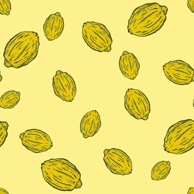 Seamless pattern engraved lemons Vintage background citrus fruit in hand drawn style Whole lemon or lime sketch Vector repeated color design texture for print fabric wrapping wallpaper tissue