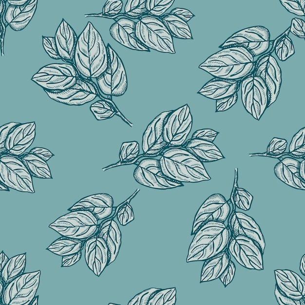 Seamless pattern engraved tree branches Vintage background summer twigs in hand drawn style