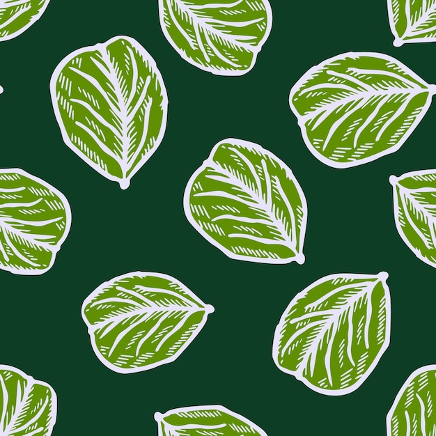 Seamless pattern engraved tree leaves vintage background botanical with foliage in hand drawn style